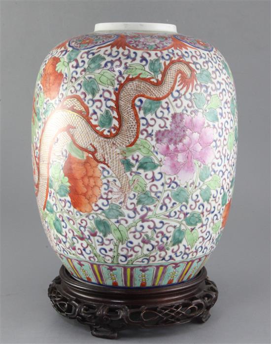 A large Chinese famille rose dragon vase, Republic period, height 33.2cm excl. wood stand